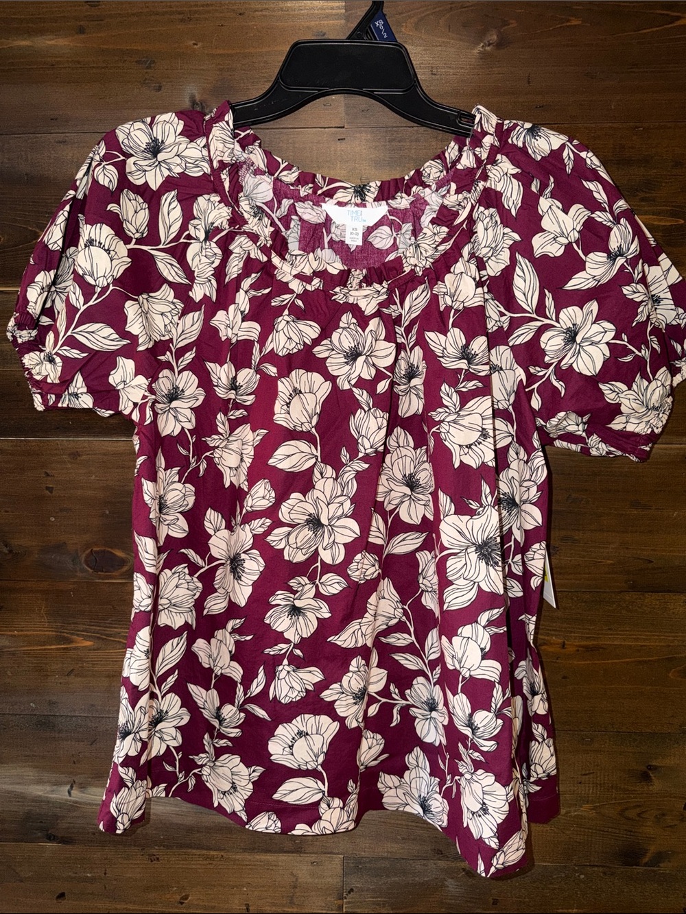Time and Tru Burgundy Floral Short-Sleeve Peasant Top